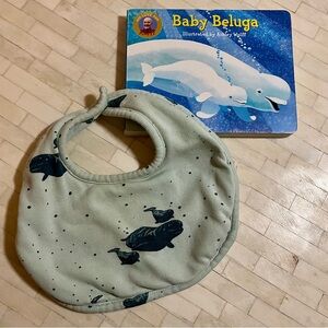 Kate Quinn Baby Beluga Light Green Organic Cotton Bib size Small + Raffi Book